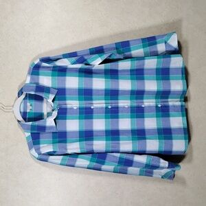 04196 Talbots blue & turquoise plaid L/S cotton button shirt L